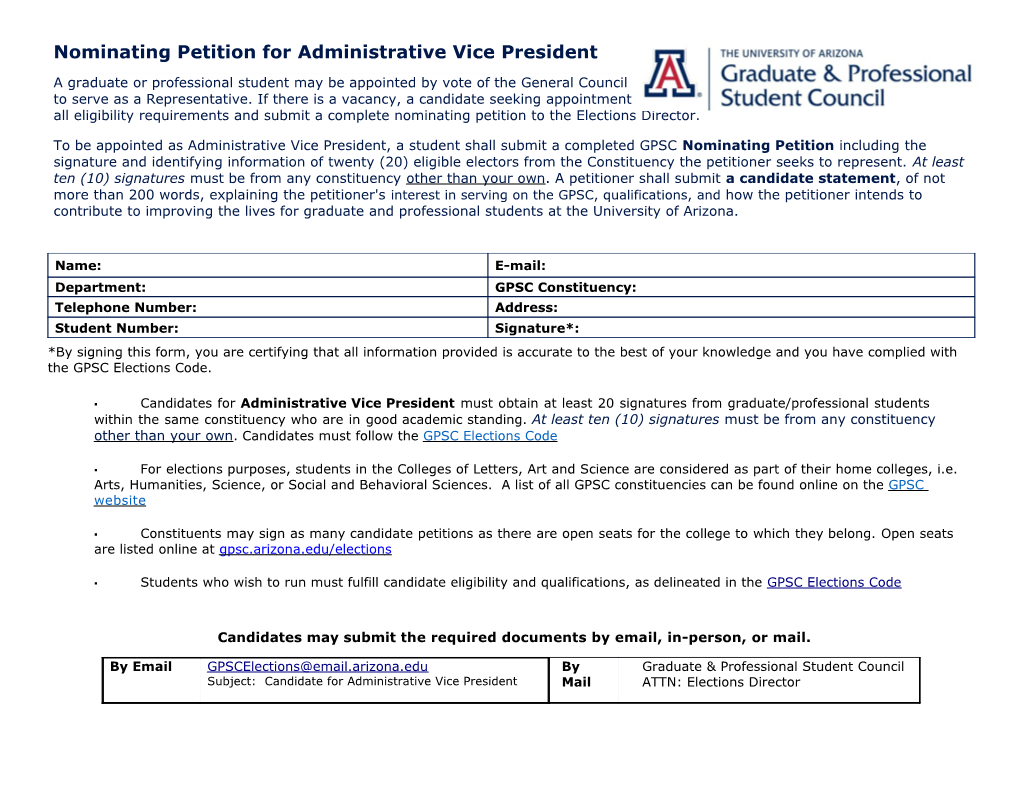 Nominating Petition for Administrative Vice President