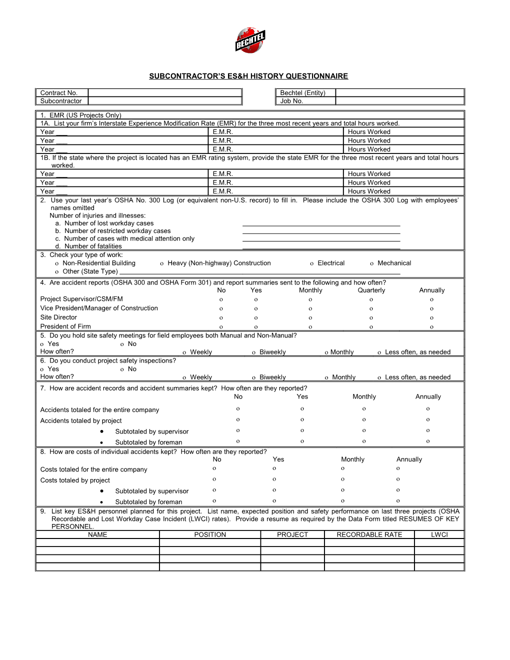 Subcontractor S Es&H History Questionnaire