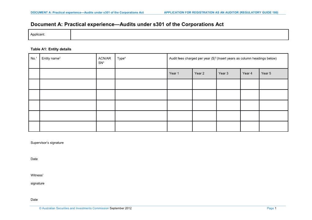 Document A: Practical Experience Audits Under S301 of the Corporations Act