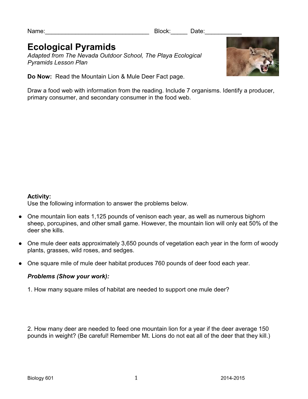 Mt Lion Ecological Pyramid Activity