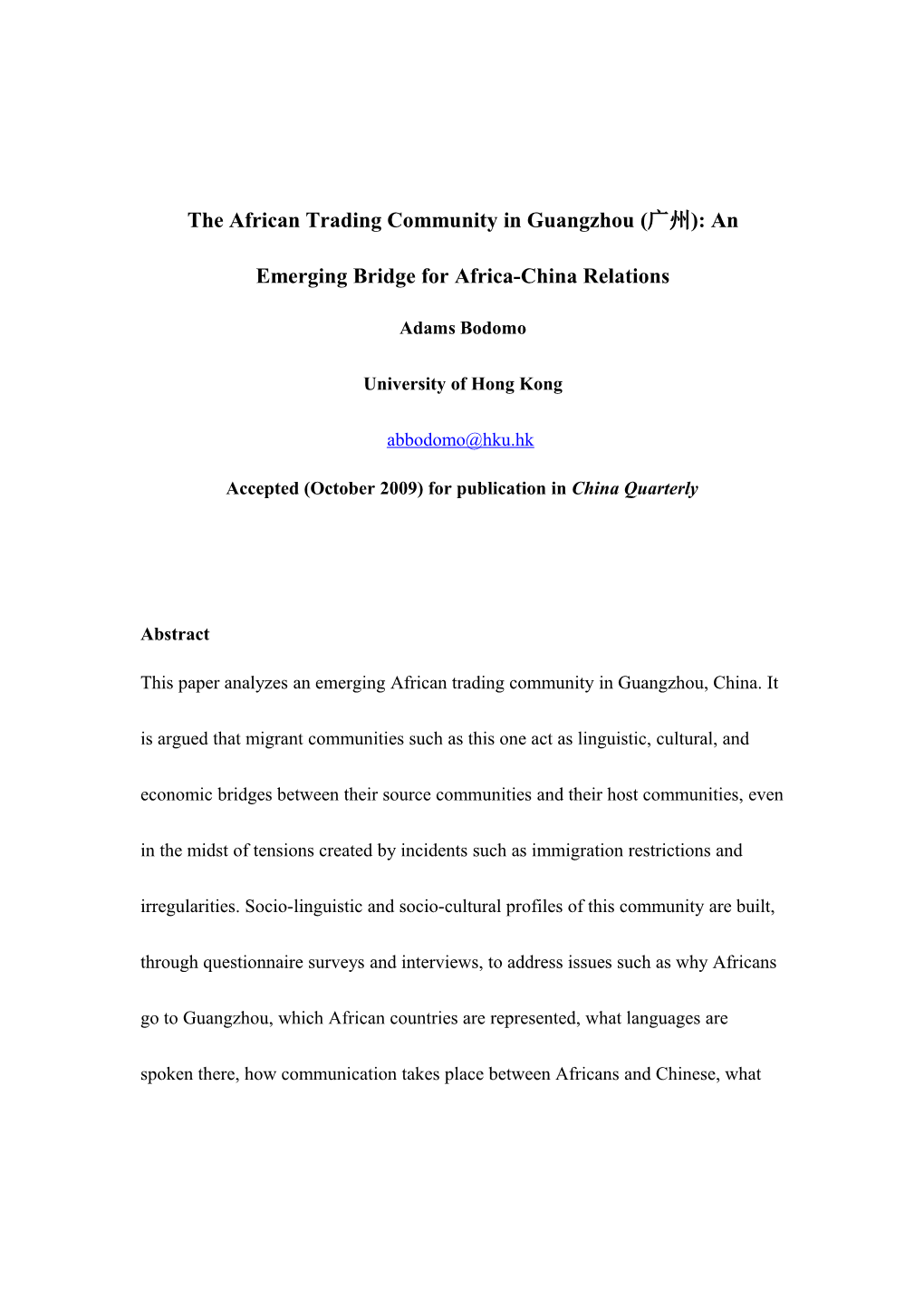 The African Trading Community in Guangzhou ( 州): an Emerging Bridge for Africa-China Relations