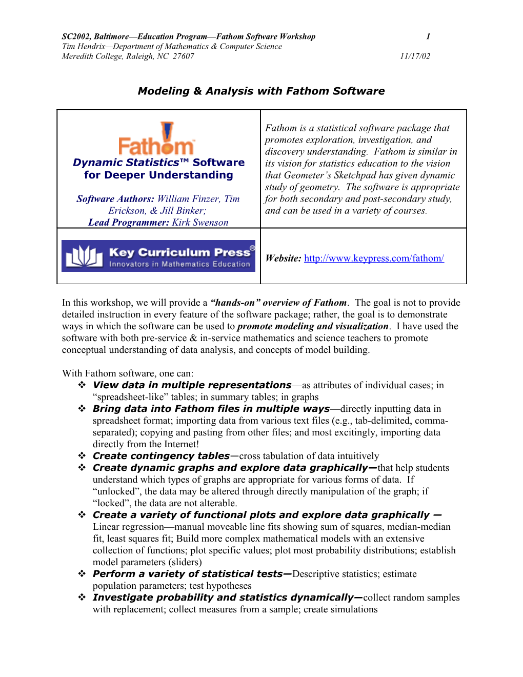 SC2002, Baltimore Education Program Fathom Software Workshop1
