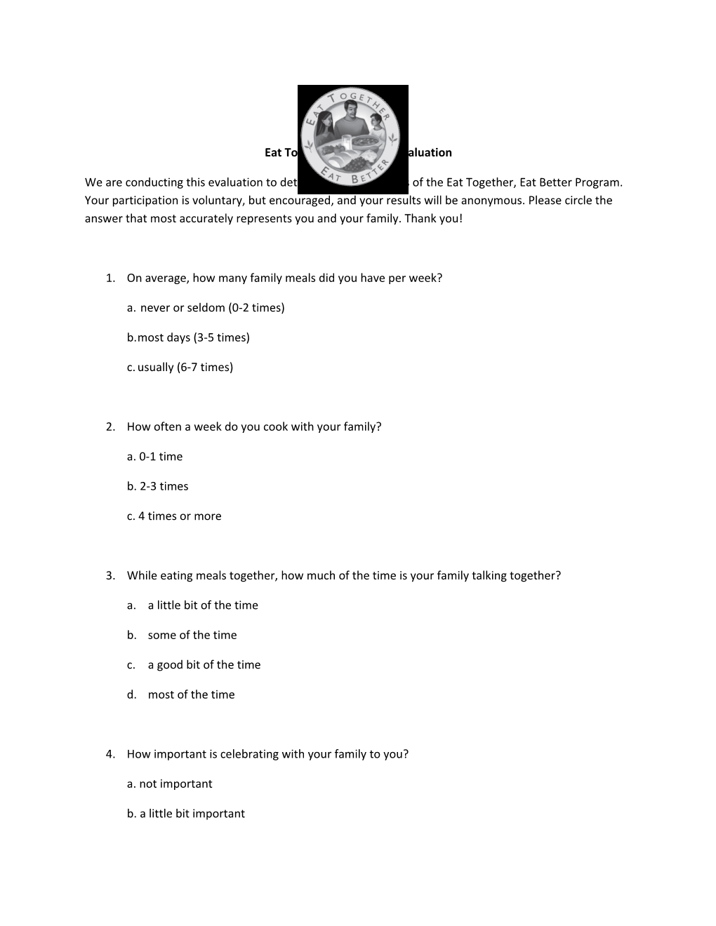 Eat Together, Eat Better Evaluation