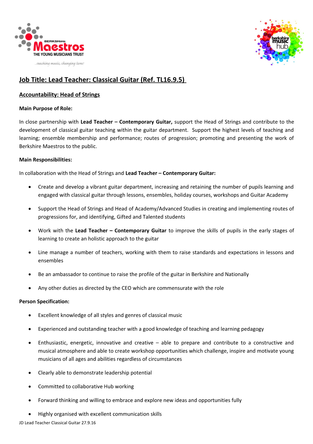 Job Title: Lead Teacher: Classical Guitar (Ref. TL16.9.5)