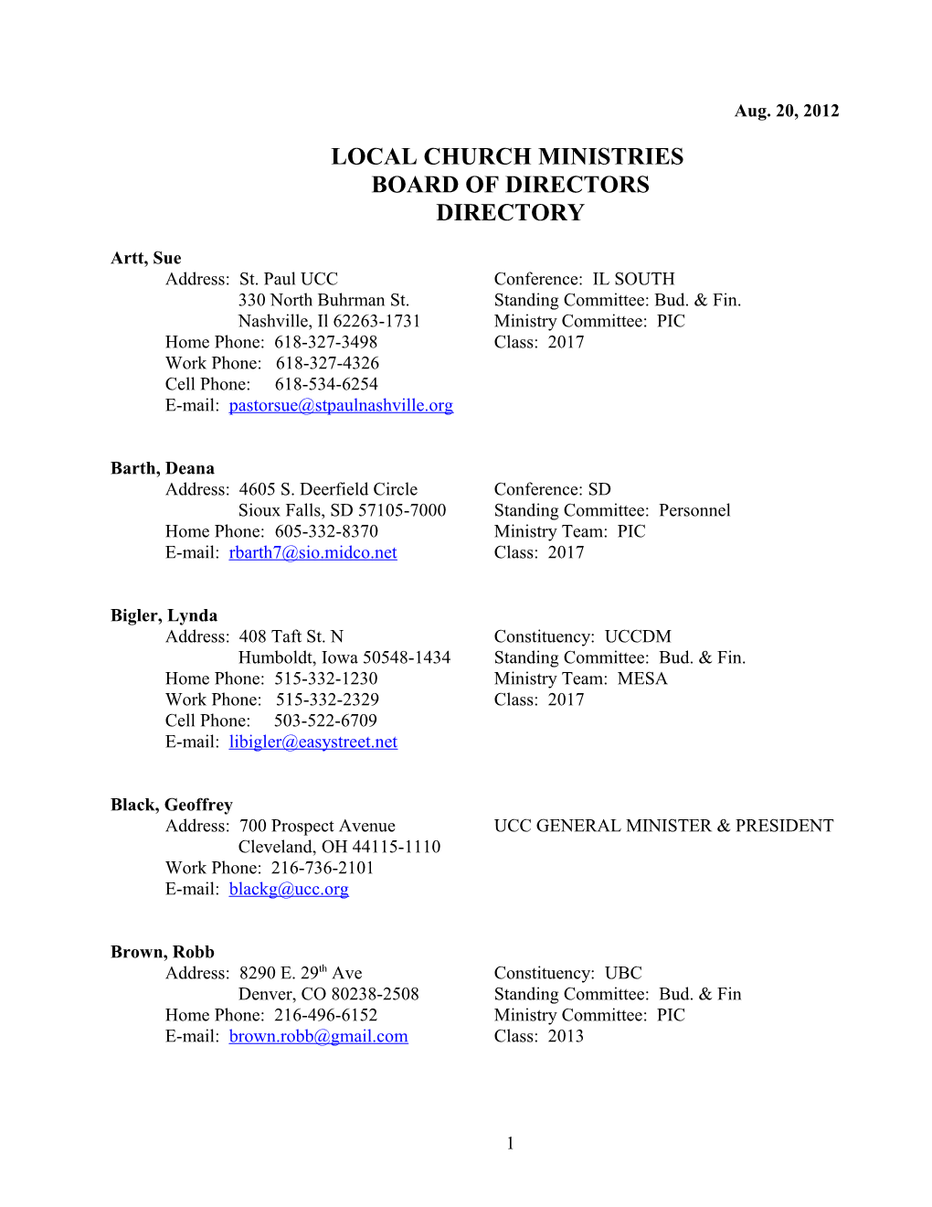 Local Church Ministries Board of Directors Roster