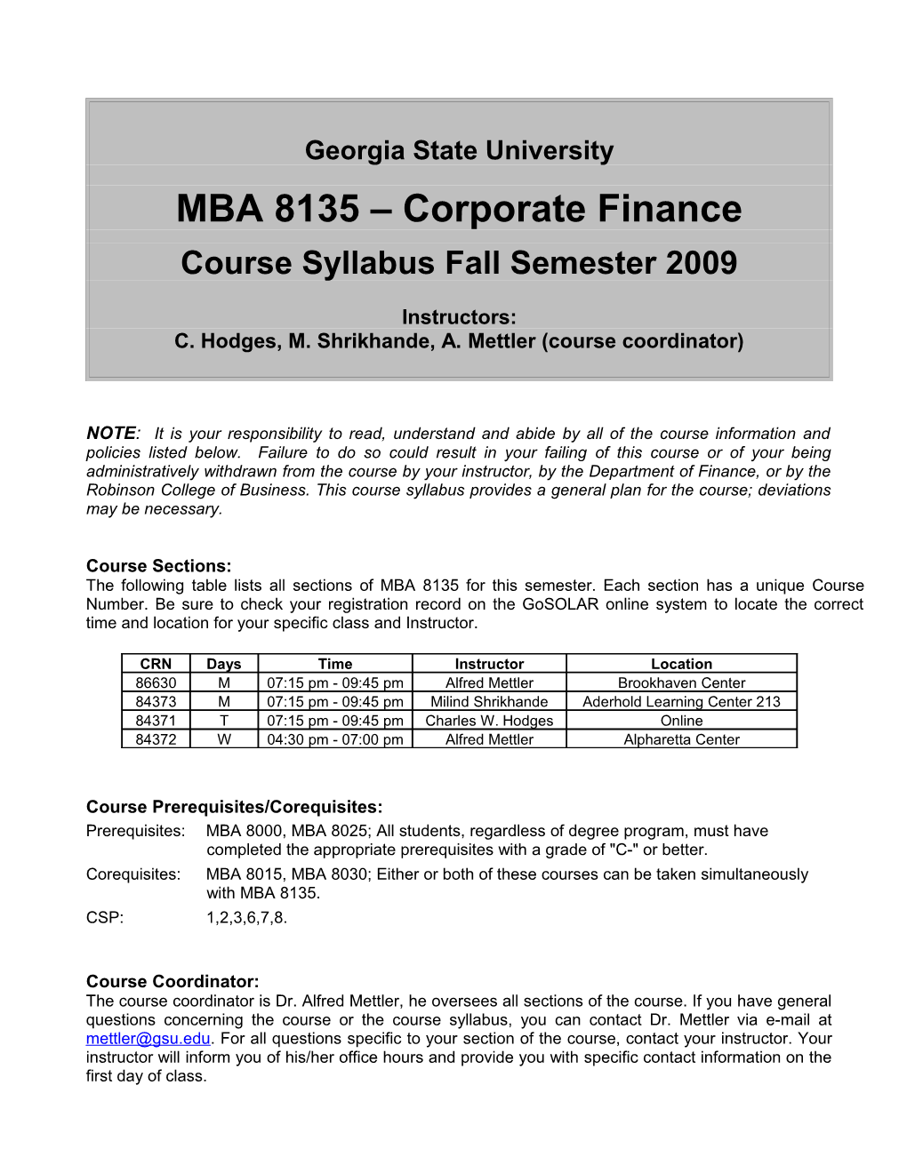 Georgia State University- 1 -MBA 8135, Corporate Finance