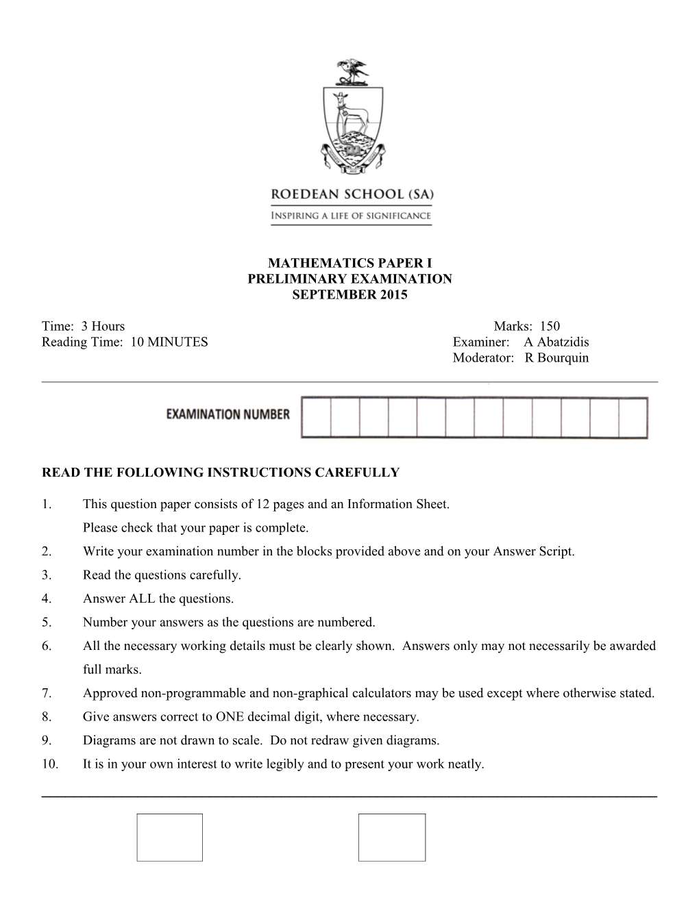 MATRIC MATHEMATICS PAPER I: SEPTEMBER 2015Page 1 of 12