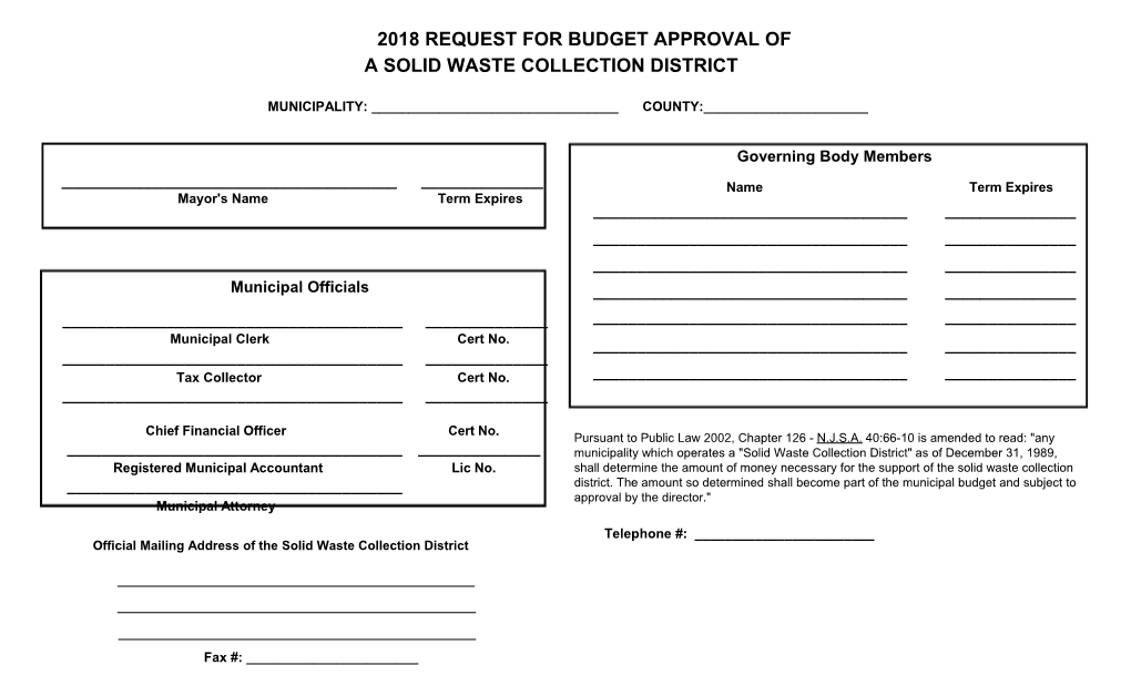 2009 Request for Budget Approval of a Solid Waste Collection District