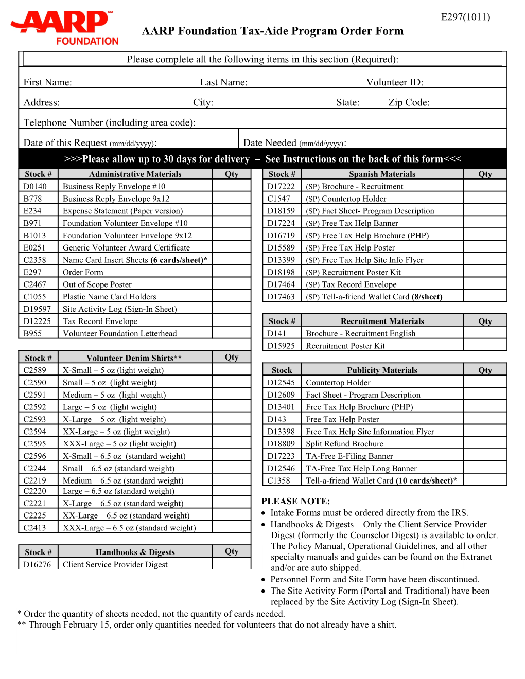 AARP Tax-Aide Order Form