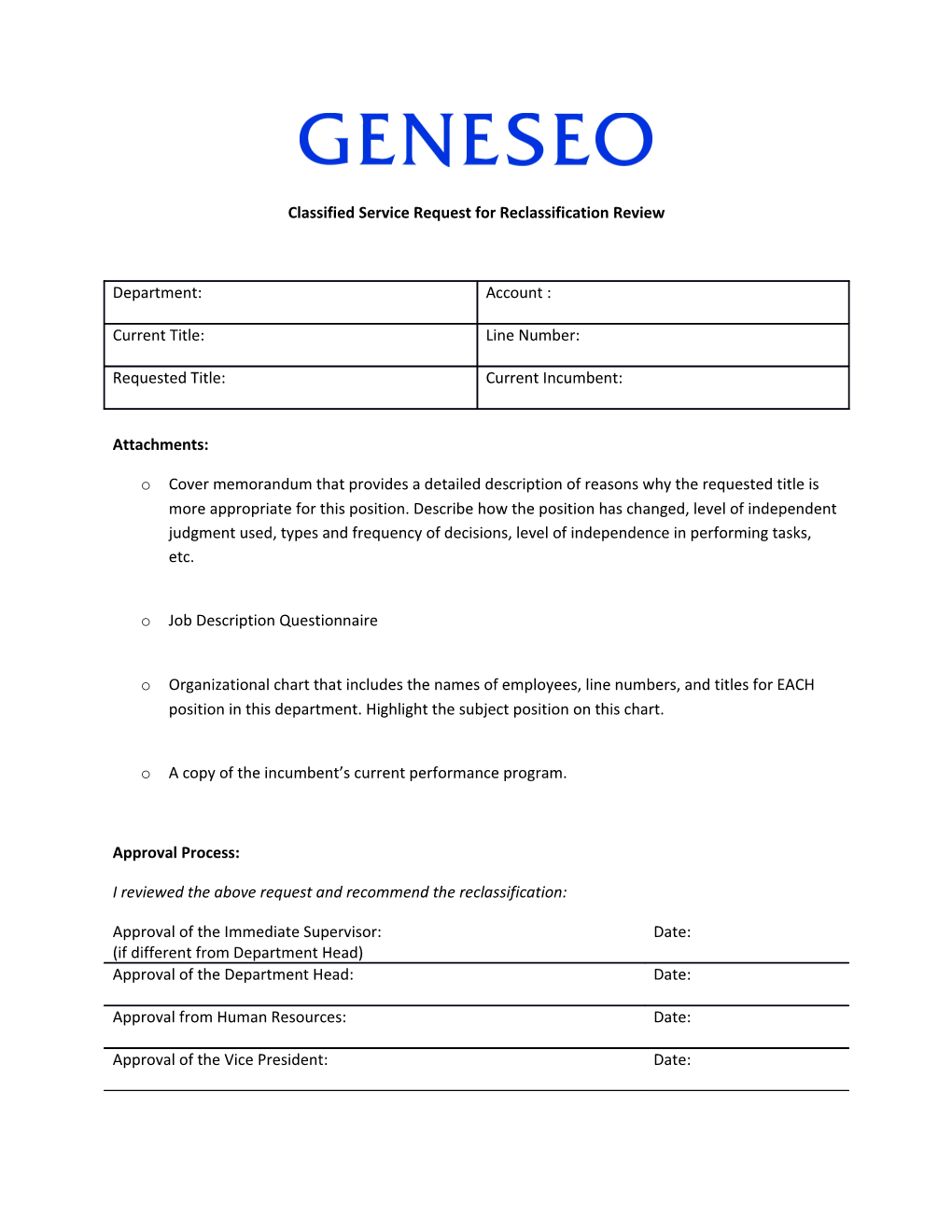 Classified Service Request for Reclassification Review