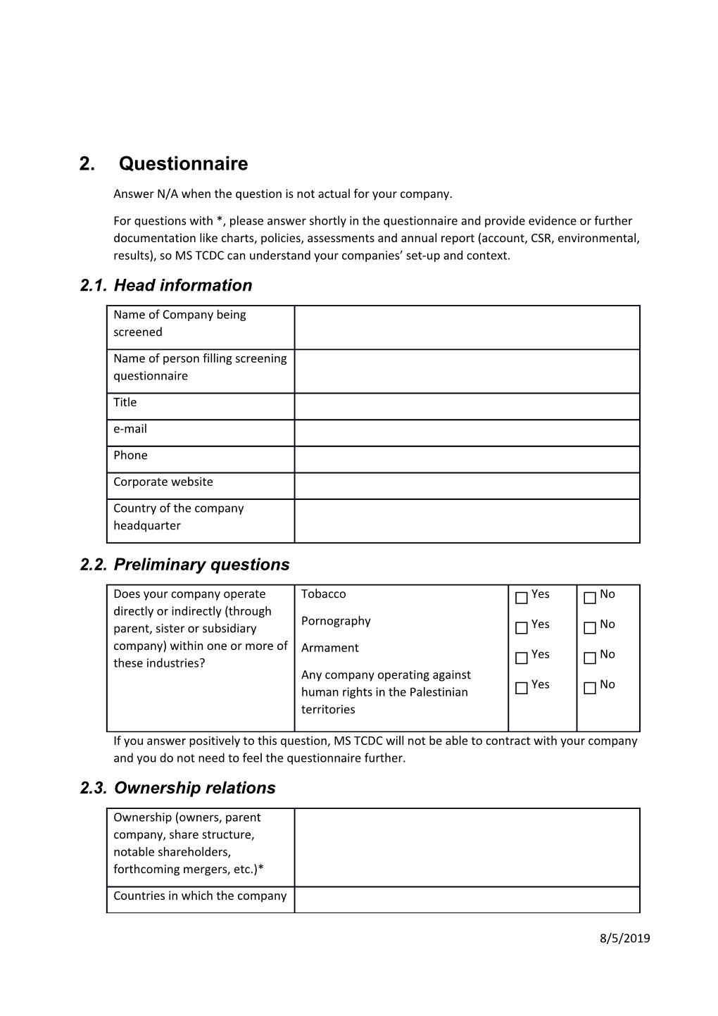 Corporate Engagement Screening Questionnaire