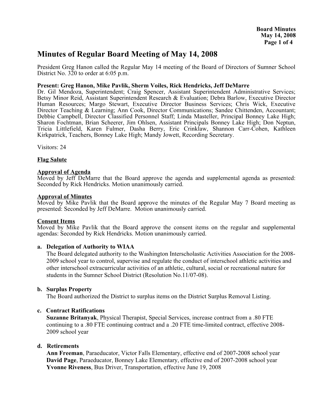 Minutes of Regular Board Meeting of May 14, 2008