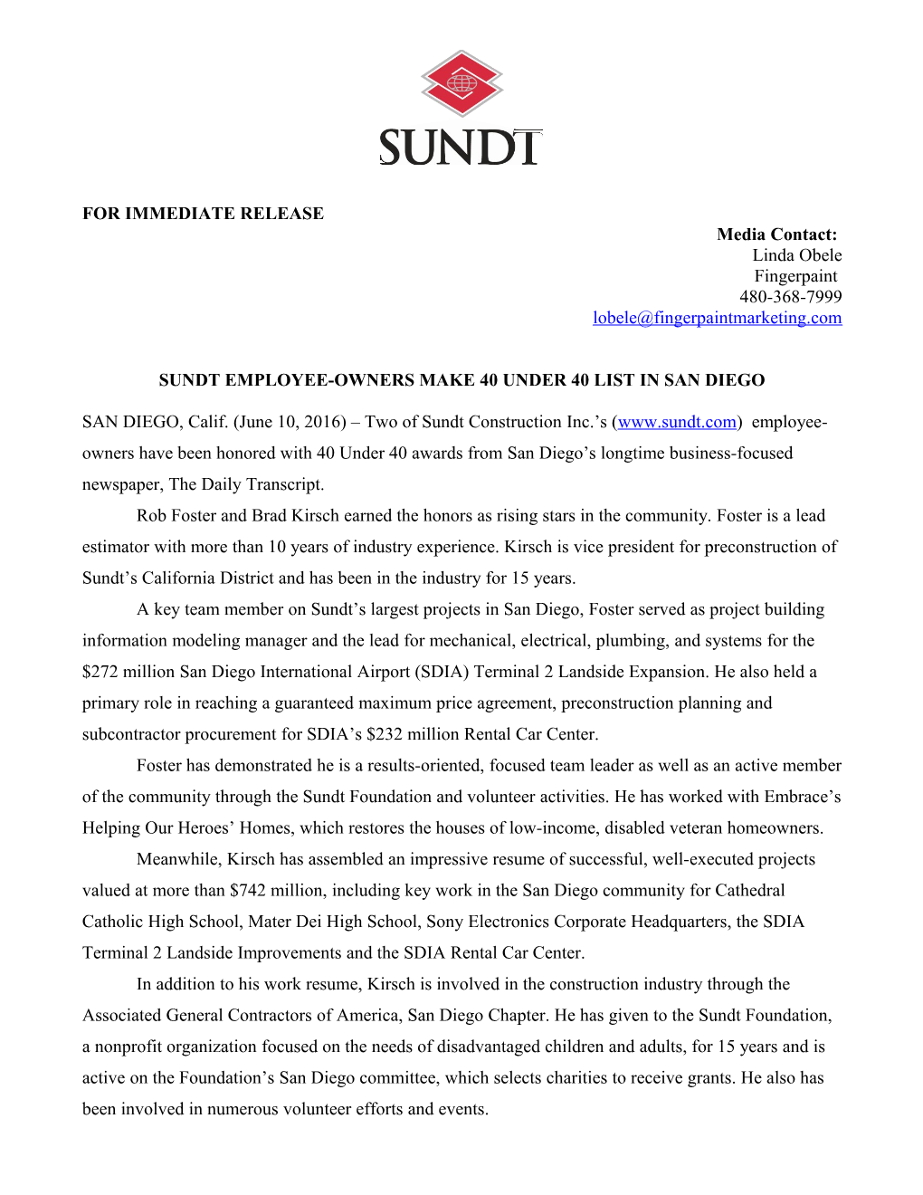 Sundt Employee-Owners Make 40 Under 40 List in San Diego