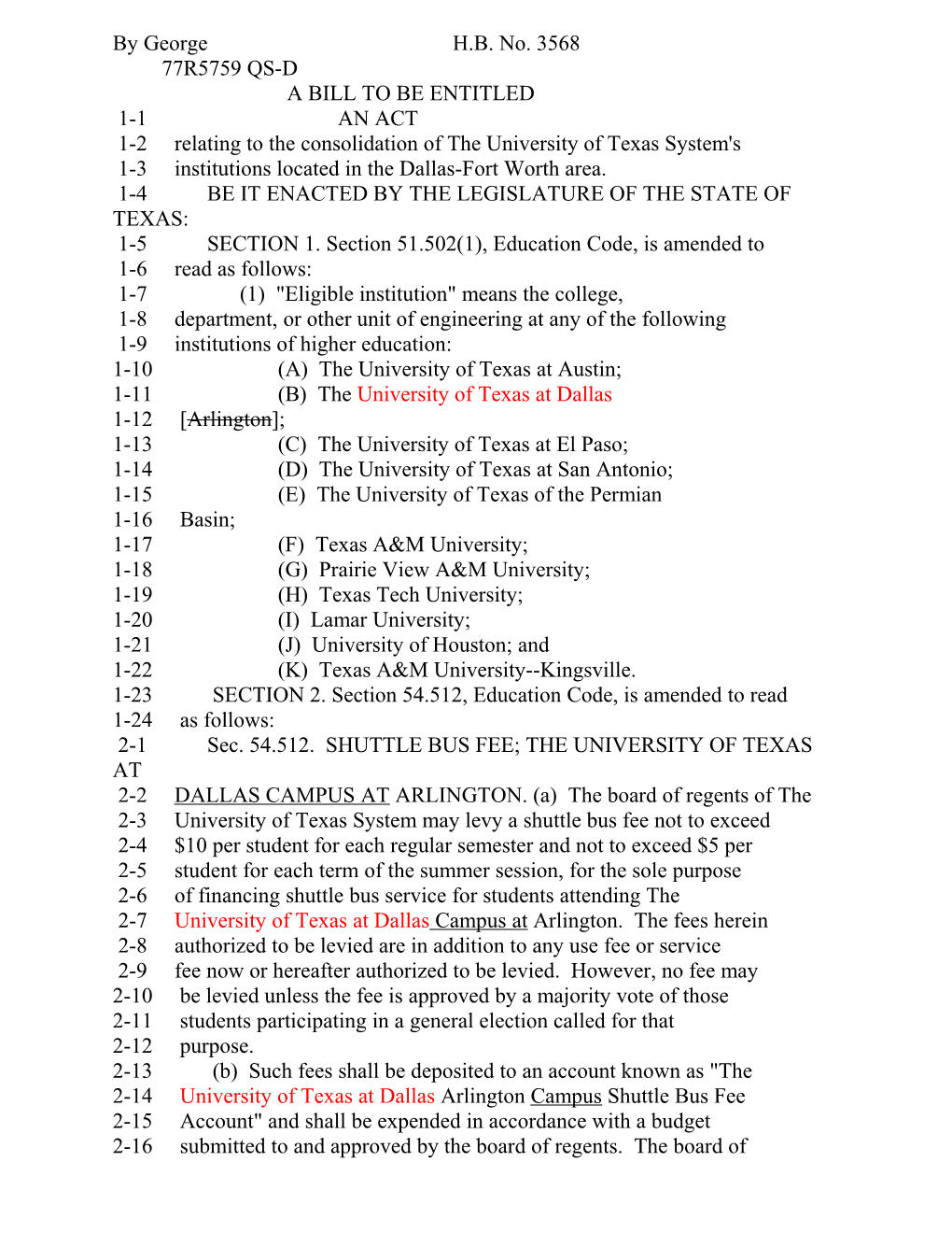 1-2 Relating to the Consolidation of the University of Texas System's