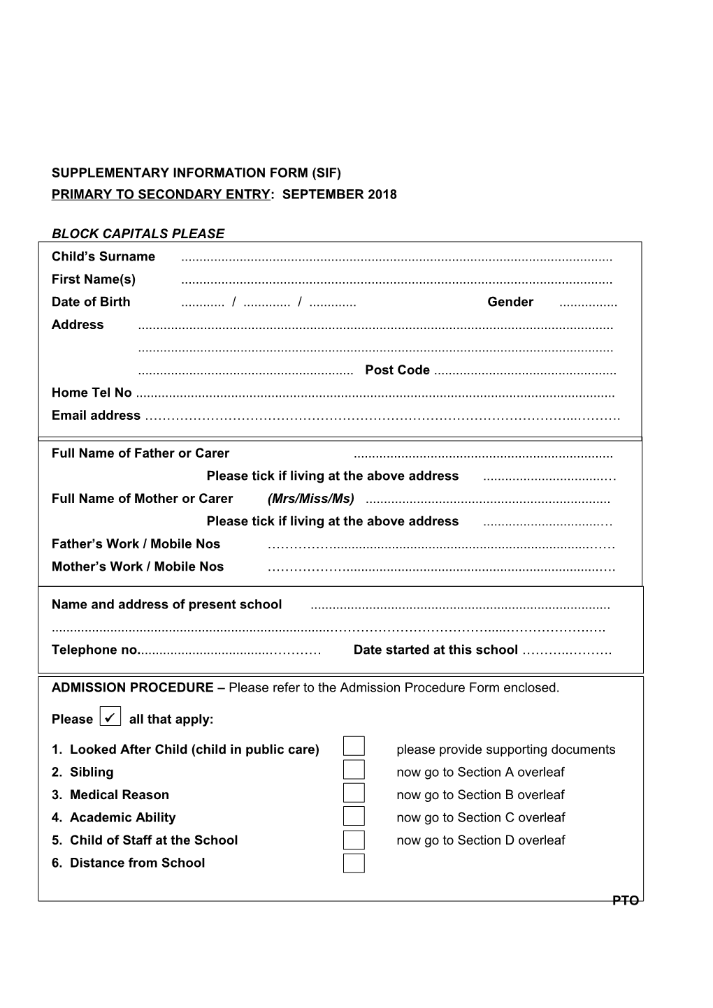 Shirley High School - 2018-2019 Supplementary Information Form for Year 7 Entry 2018