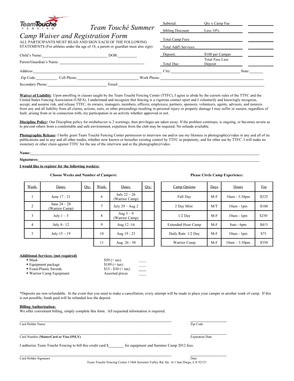 Team Touché Summer Camp Waiver and Registration Form