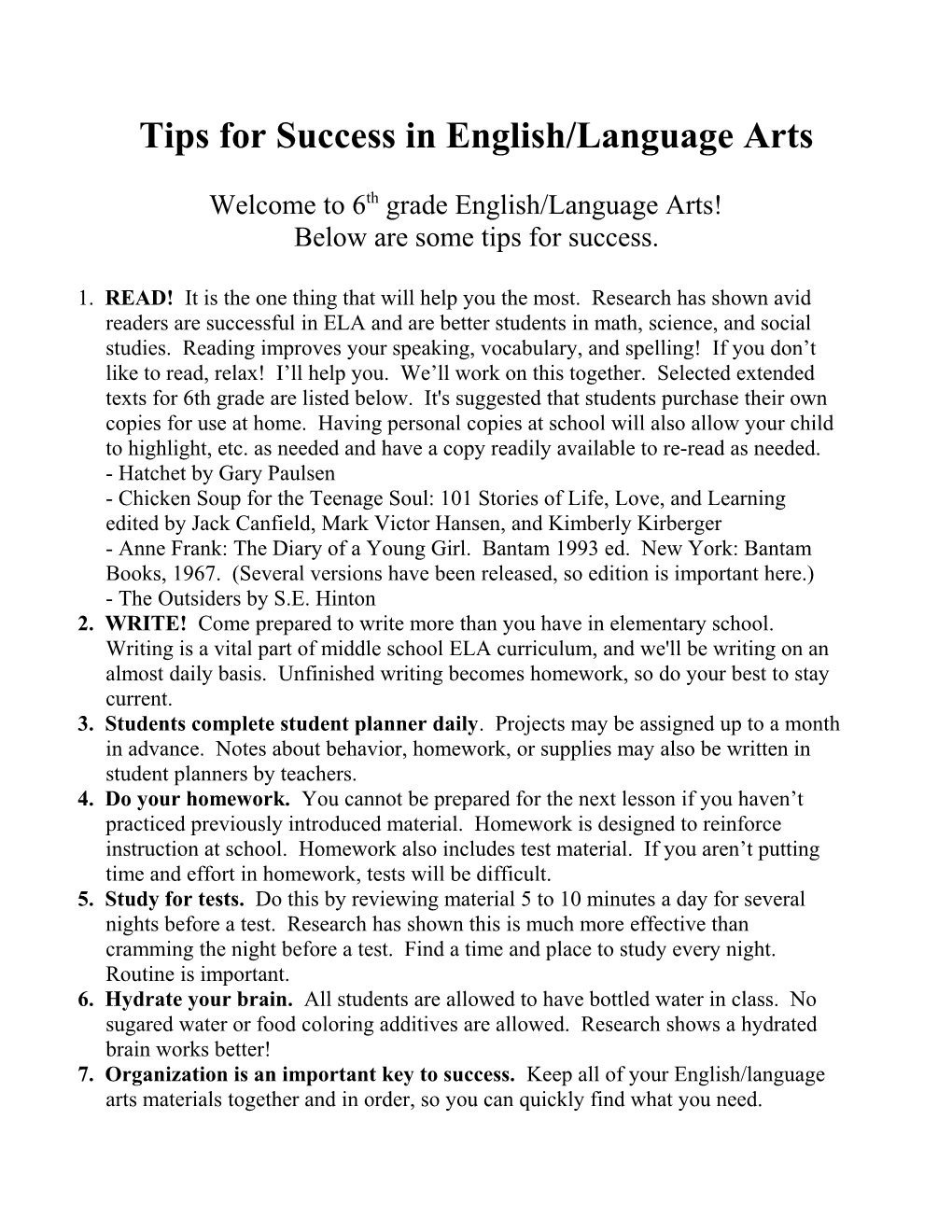Tips for Success in English/Language Arts