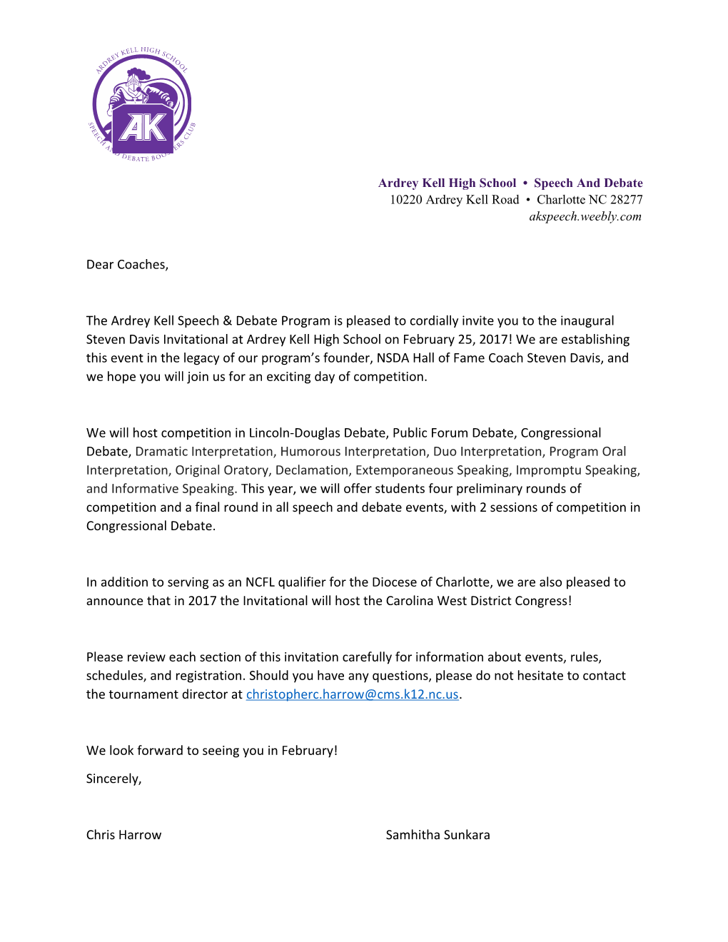 The Ardrey Kell Speech & Debate Program Is Pleased to Cordially Invite You to the Inaugural