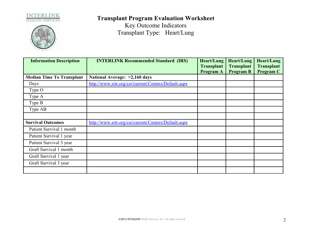 Transplant Program Evaluation Worksheet