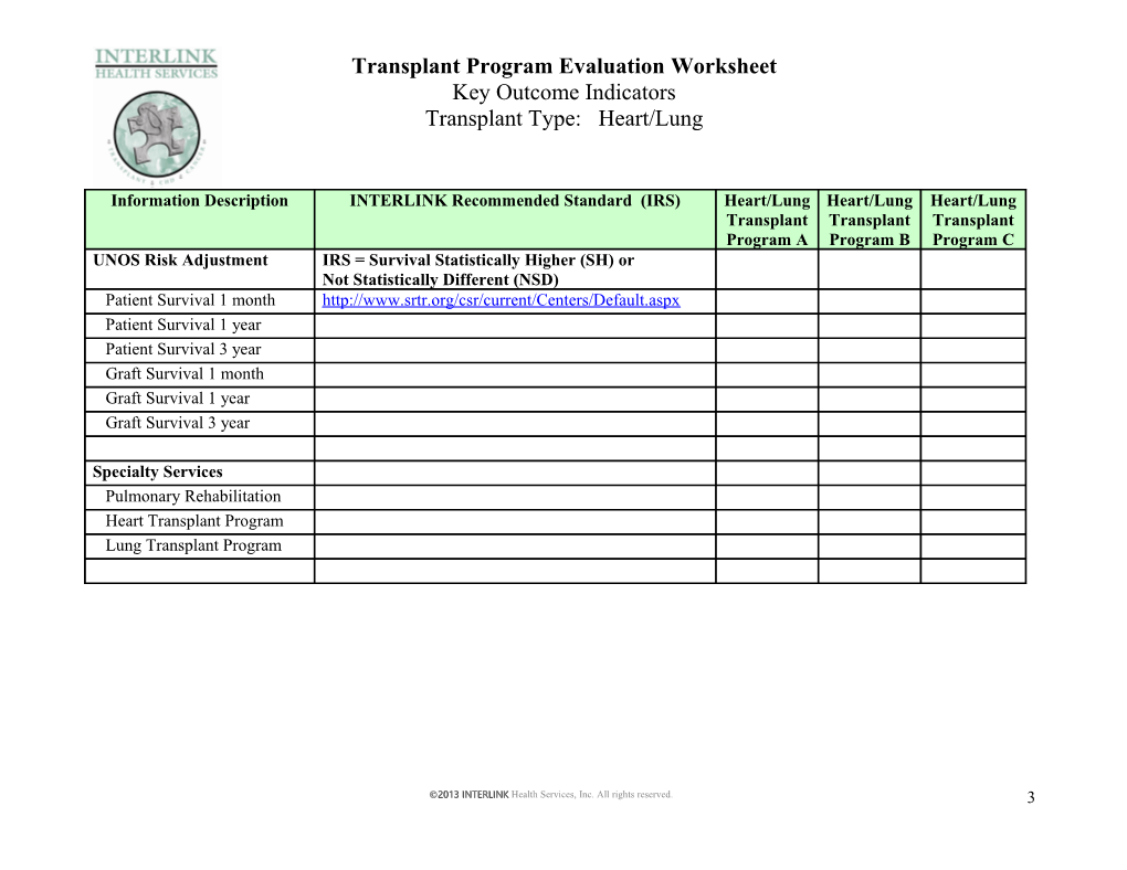 Transplant Program Evaluation Worksheet
