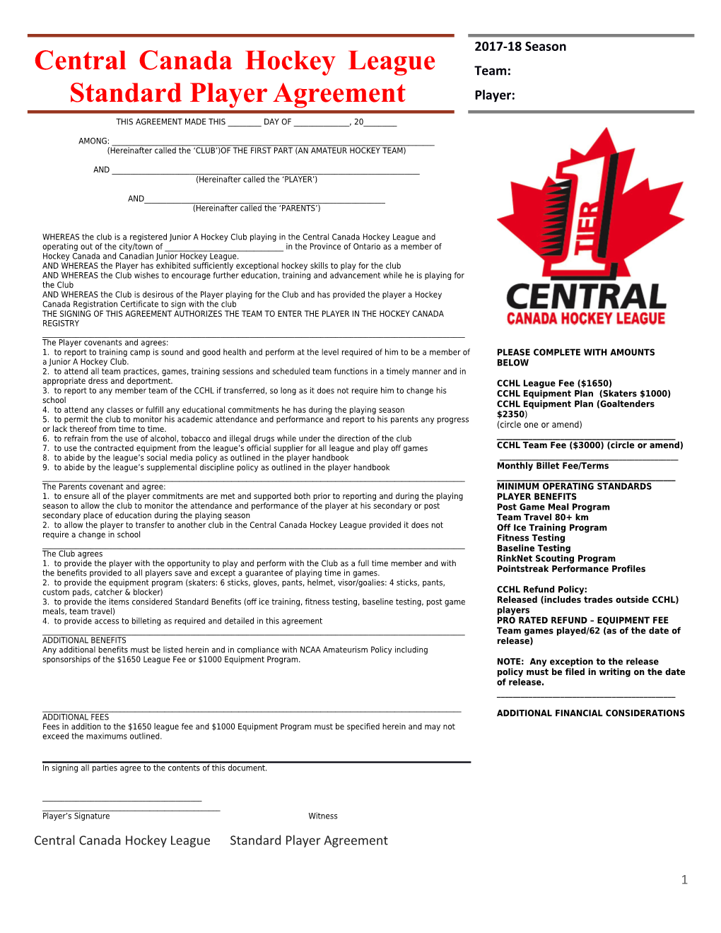 Central Canada Hockey League Standard Player Agreement