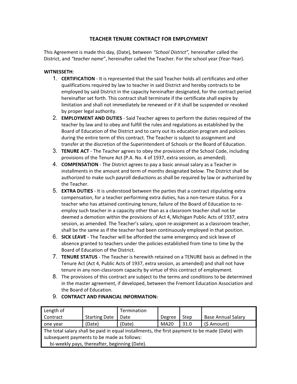 Teacher Tenure Contract for Employment