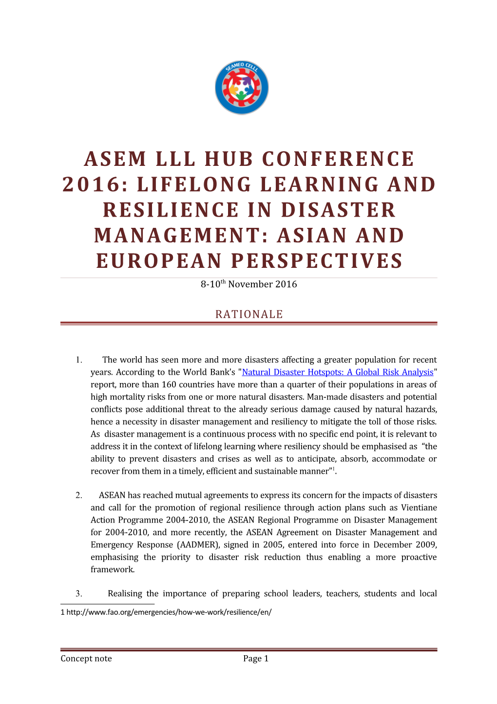 ASEM LLL HUB CONFERENCE 2016: Lifelong Learning and Resilience in Disaster Management