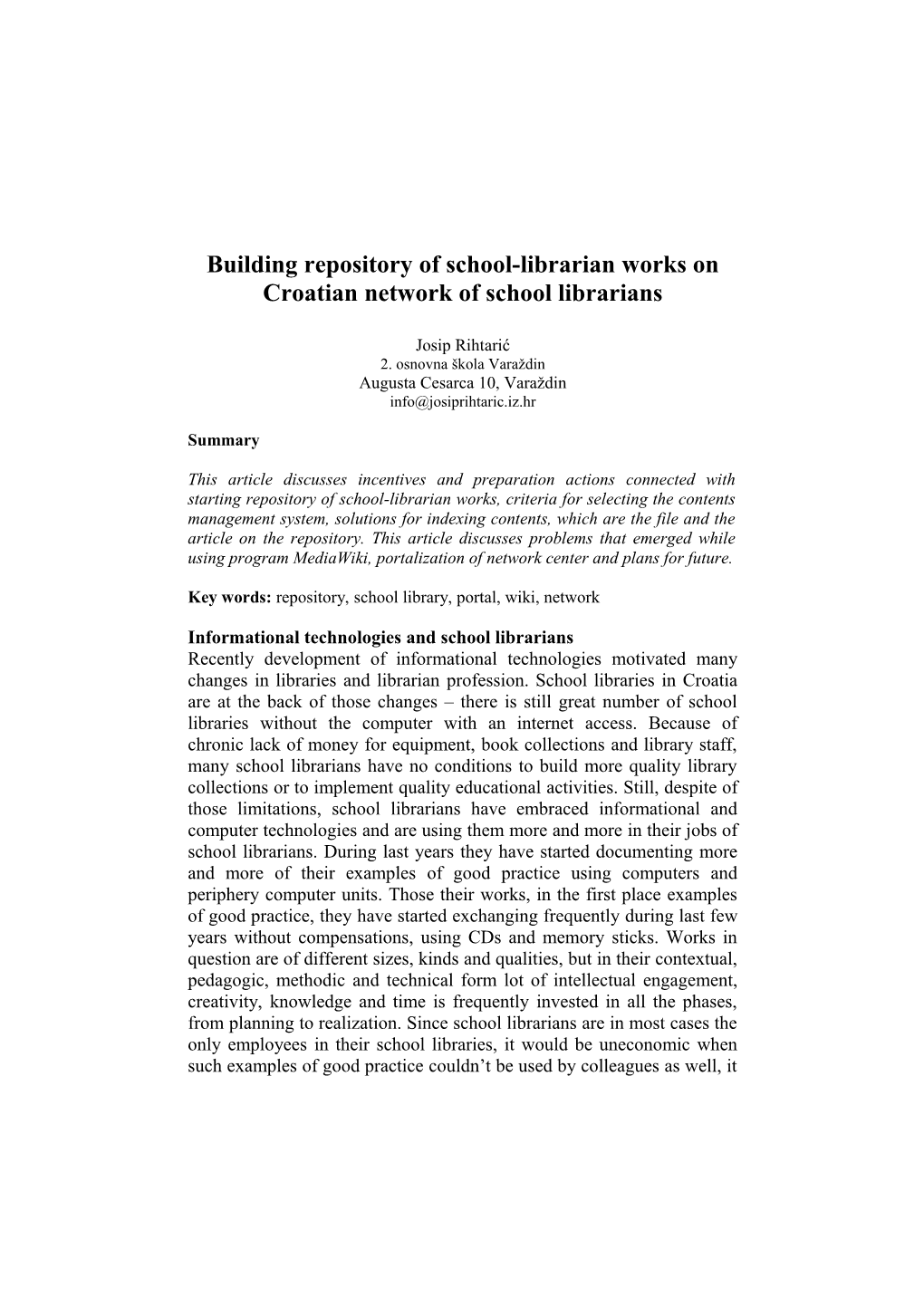 Building Repository of School-Librarian Works on Croatian Network of School Librarians