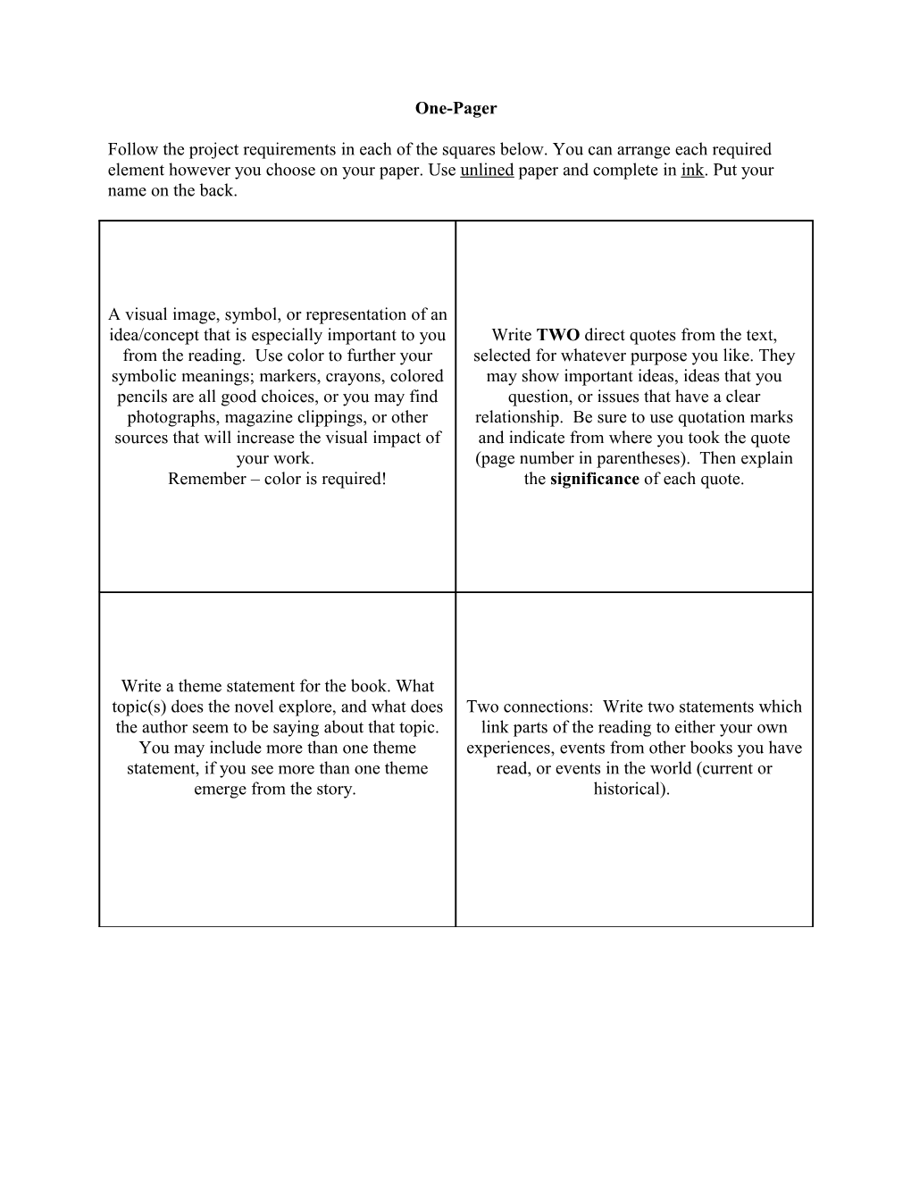 One Pager Grading Rubric