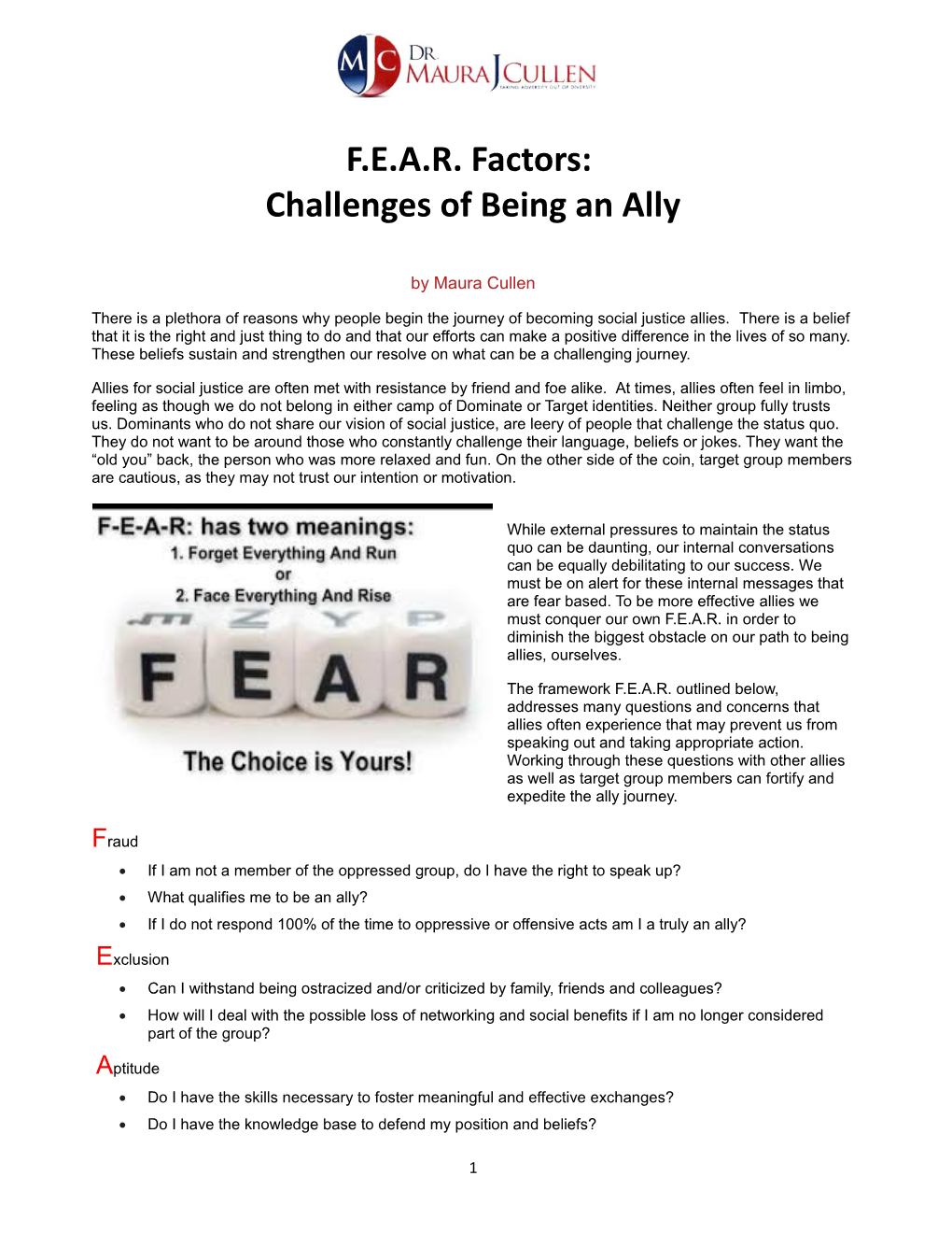 F.E.A.R. Factors: Challenges of Being an Ally Page 2/2