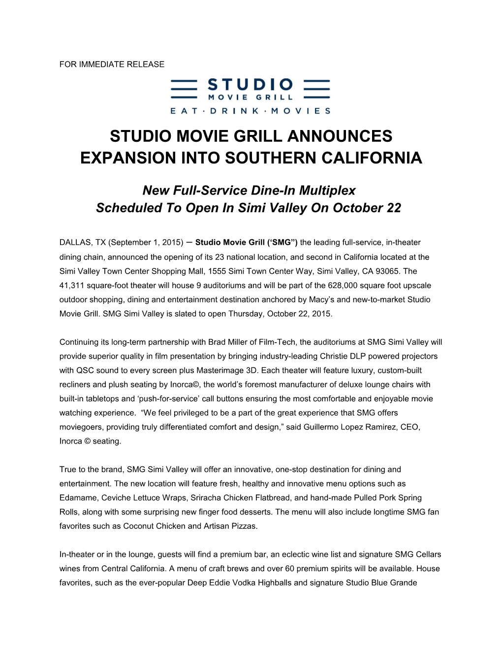 Studio Movie Grill Announces Expansion Into Southern California