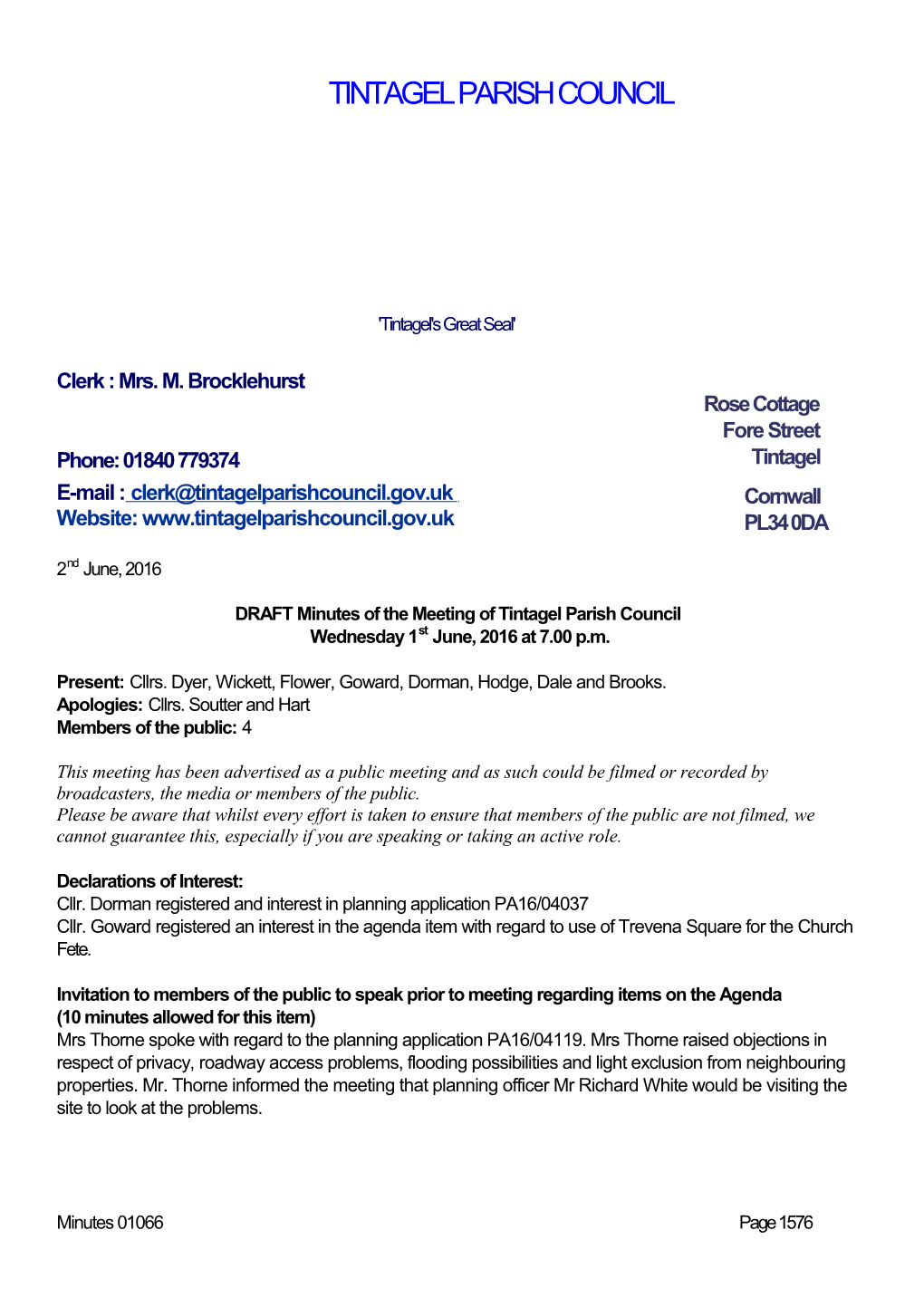 DRAFT Minutes of the Meeting of Tintagel Parish Council