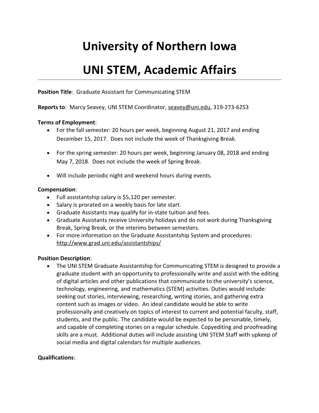 Position Title: Graduate Assistant for Communicating STEM