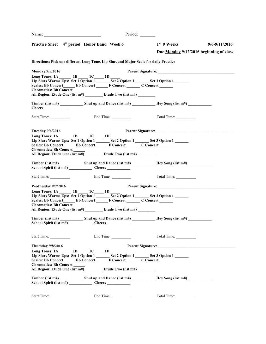 Practice Sheet 4Th Period Honor Band Week 6 1St 9 Weeks 9/6-9/11/2016