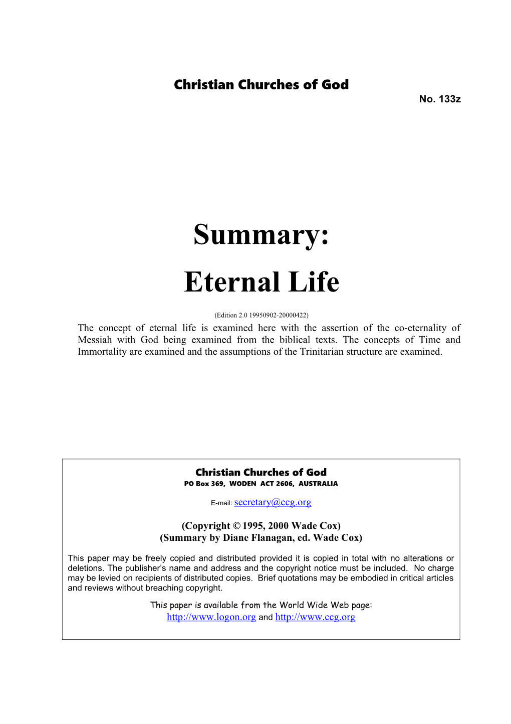 Summary: Eternal Life (No. 133Z)
