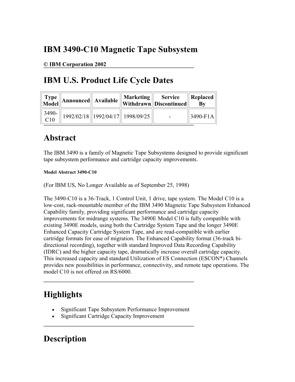 IBM 3490-C10 Magnetic Tape Subsystem
