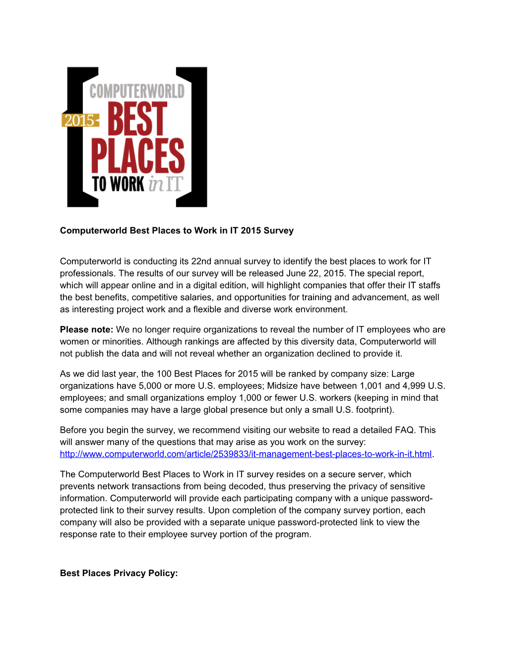 Computerworldbest Places to Work in IT 2015Survey