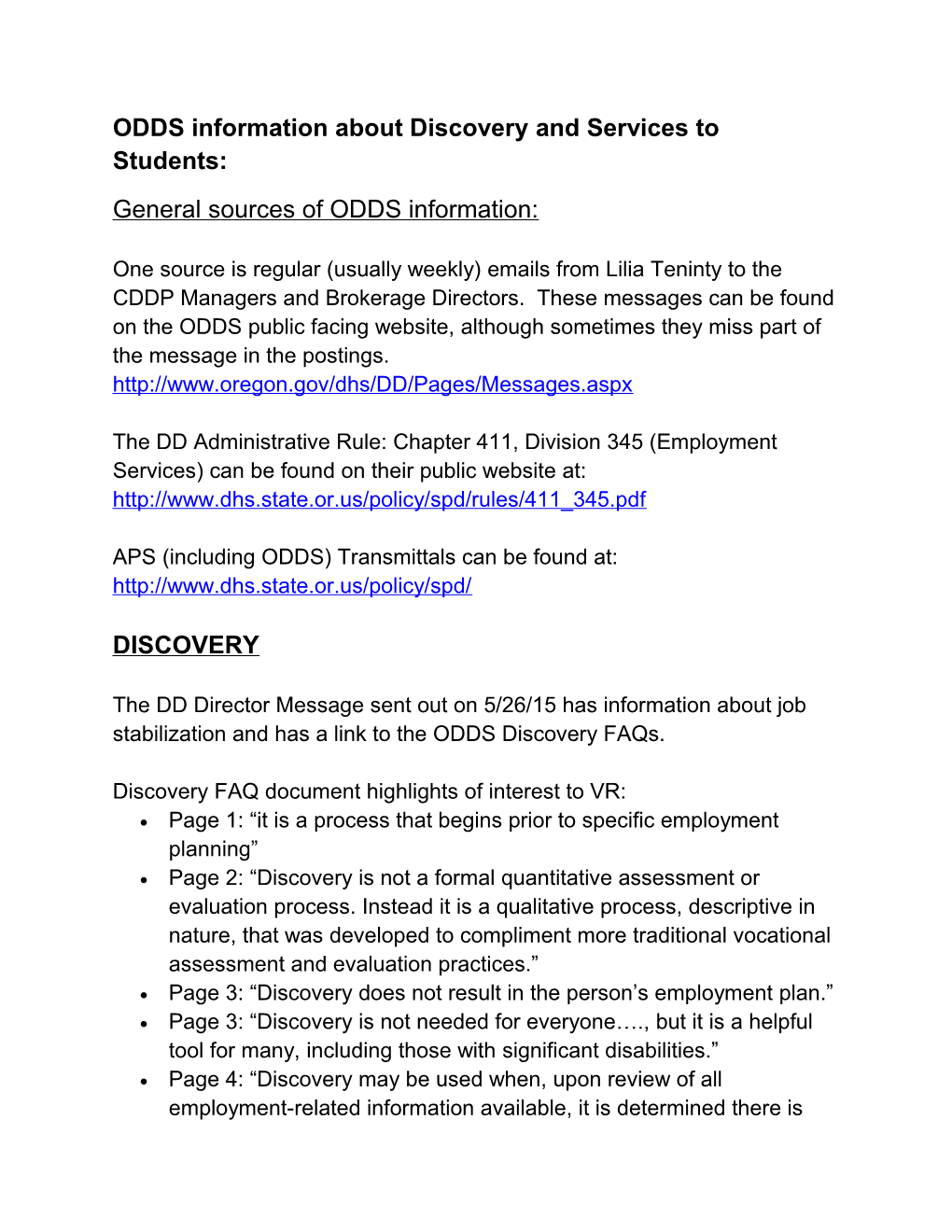 ODDS Information About Discovery and Services to Students