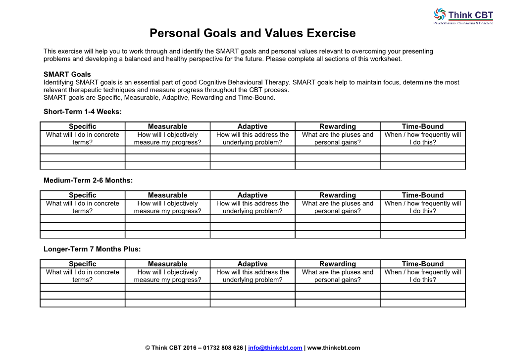 Personal Values and Goals Worksheet