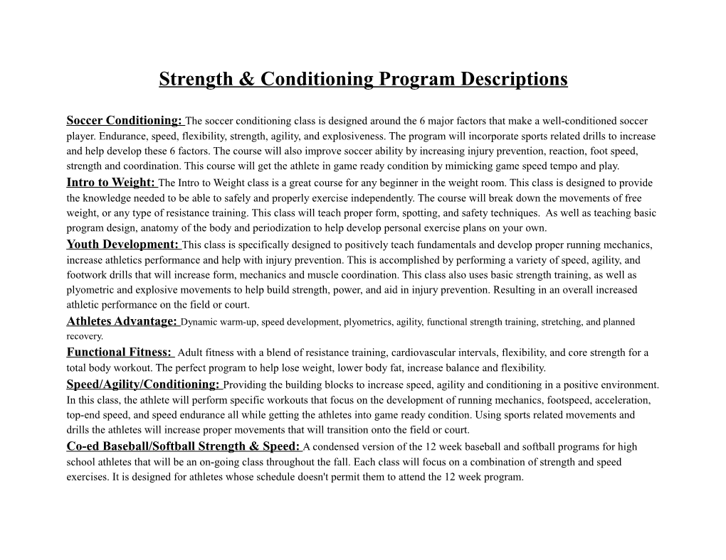 Strength & Conditioning Program Descriptions