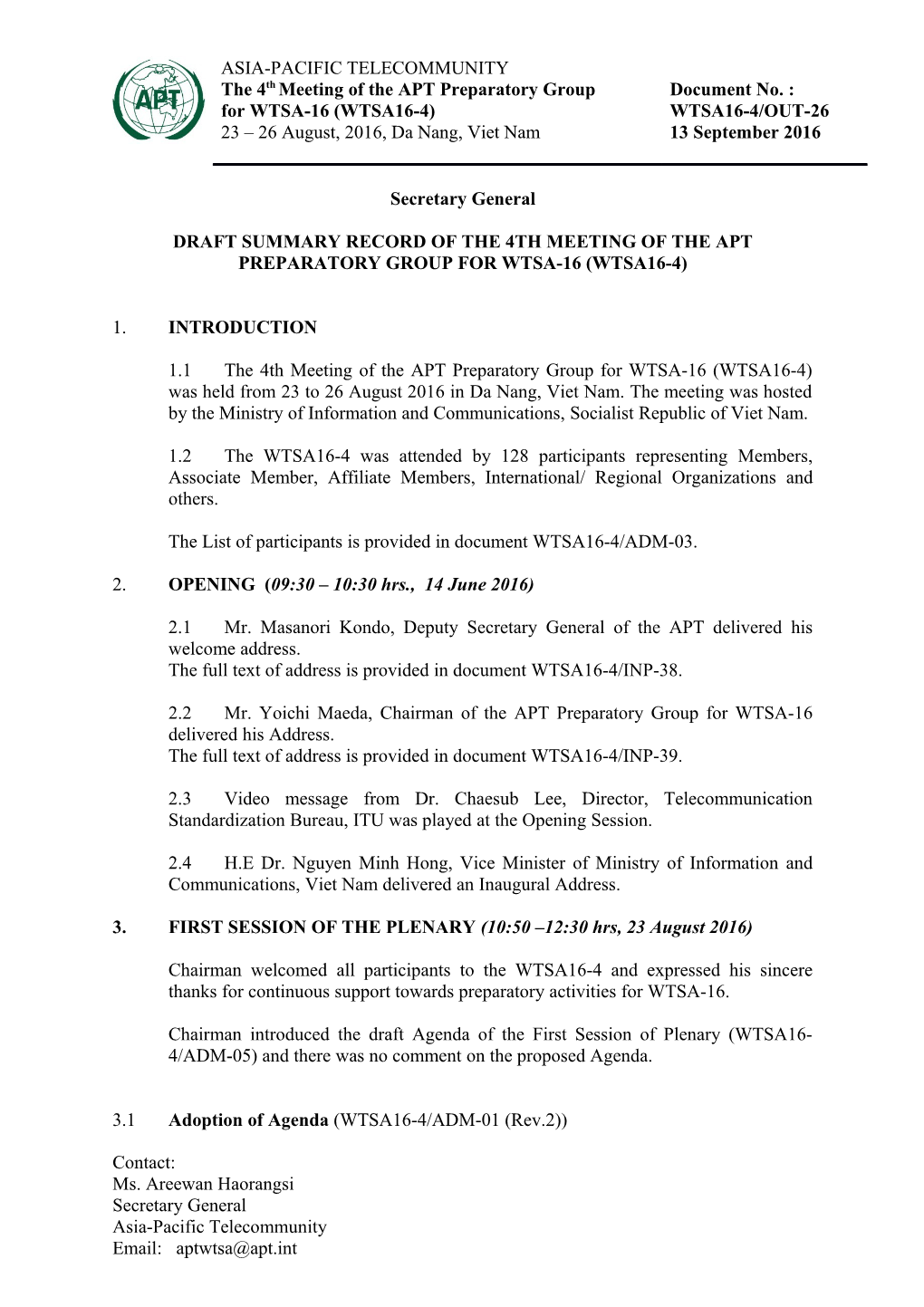 DRAFT Summary Record of the 4TH Meeting of the APT Preparatory GROUP for WTSA-16 (WTSA16-4)
