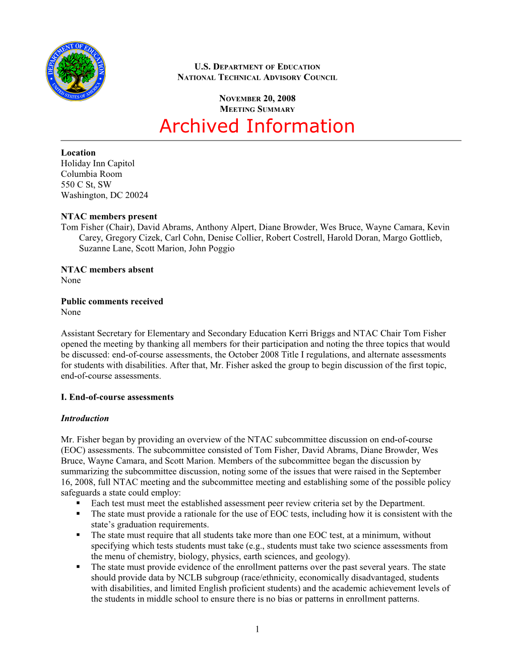 Archived: National Technical Advisory Council (NTAC) November 20, 2008 Meeting Summary (MS WORD)