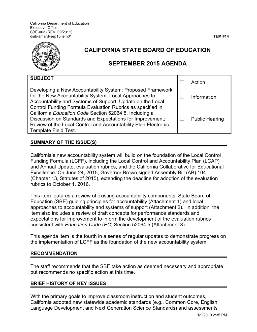 September 2015 Agenda Item 14 - Meeting Agendas (CA State Board of Education)