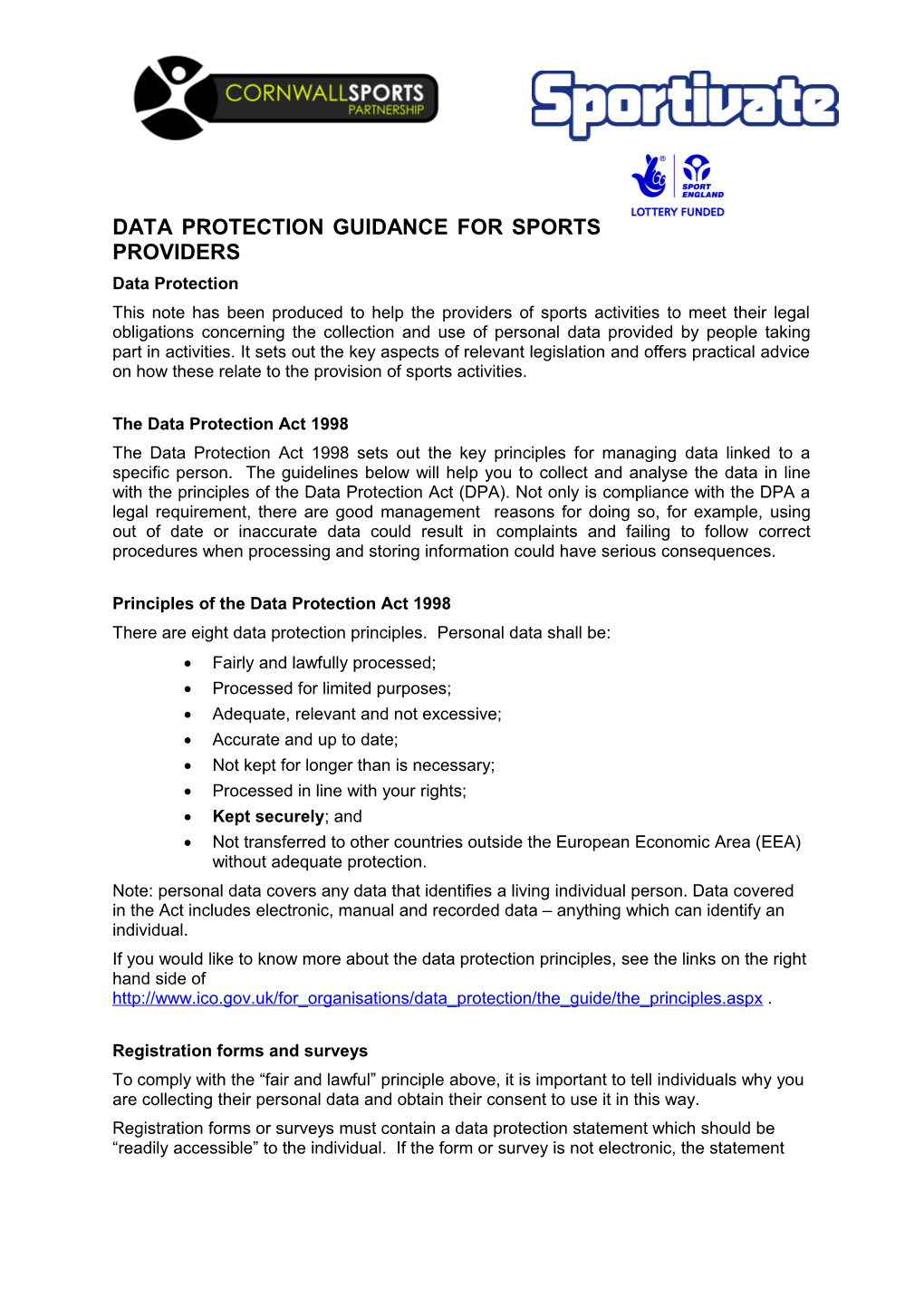 Data Protection Guidance for Sports Providers