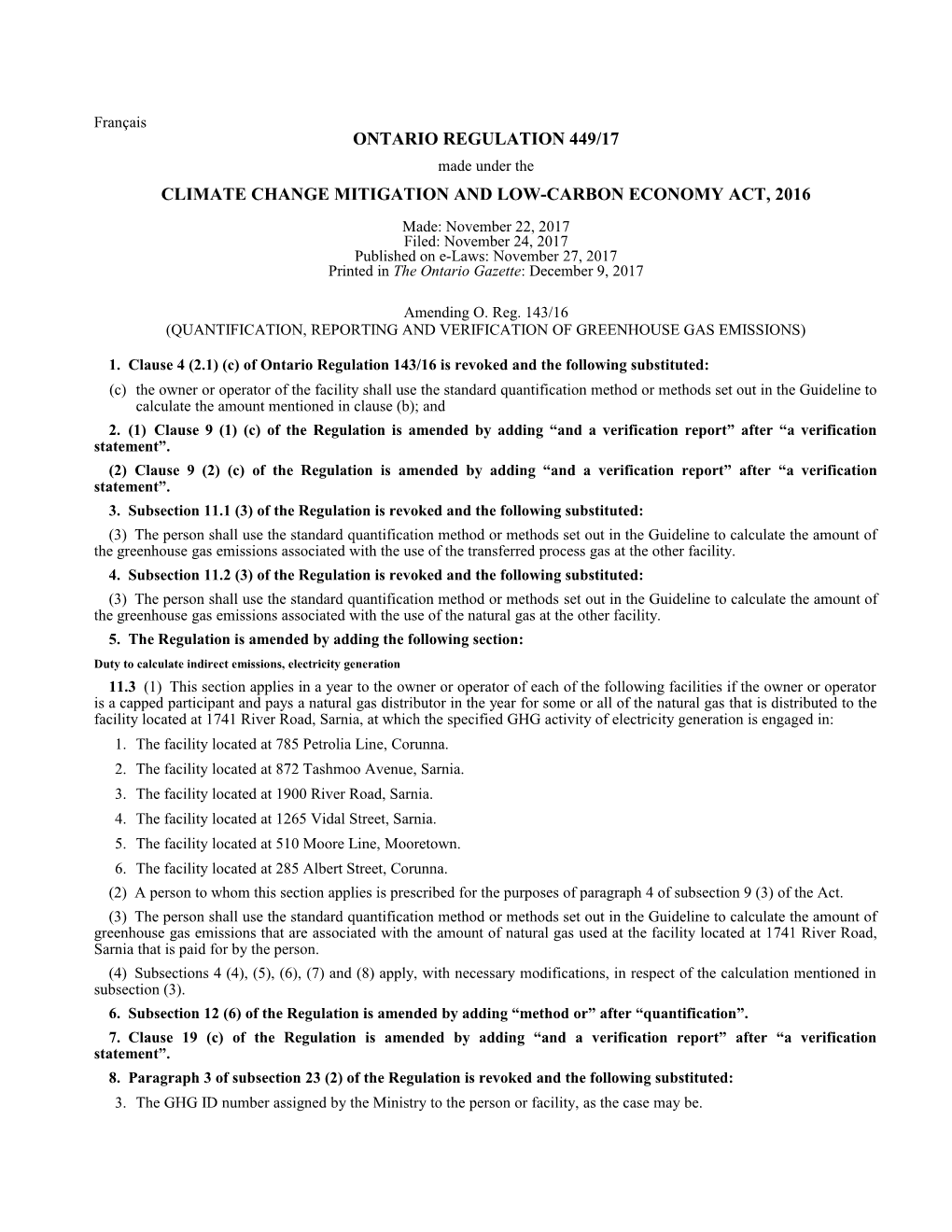 CLIMATE CHANGE MITIGATION and LOW-CARBON ECONOMY ACT, 2016 - O. Reg. 449/17