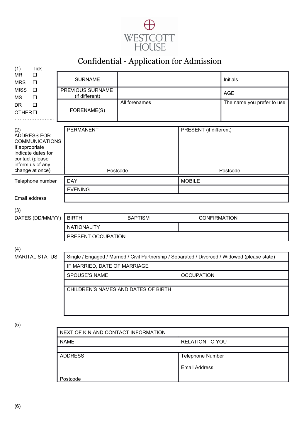 Confidential - Application for Admission