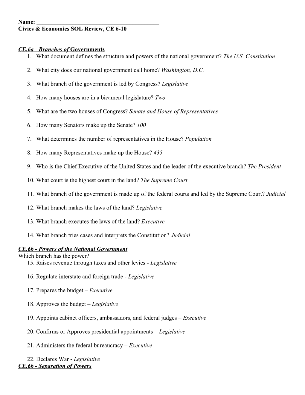 Civics & Economics SOL Review, CE 6-10