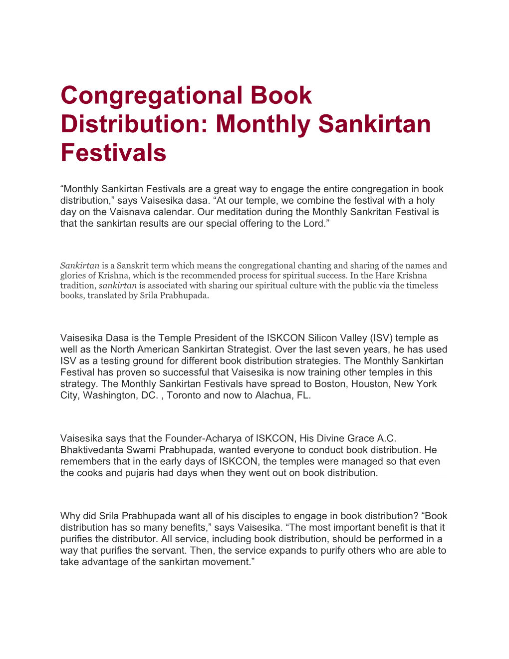 Congregational Book Distribution: Monthly Sankirtan Festivals