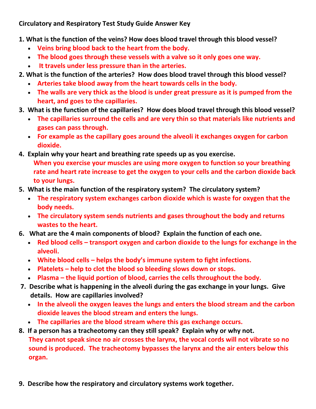 Circulatory and Respiratory Test Study Guide Answer Key