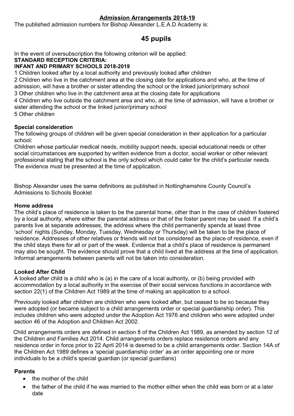 Admission Arrangements 2018-19